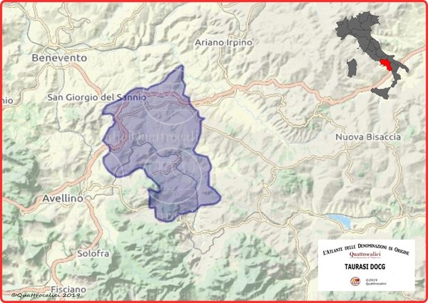 Taurasi DOCG wine, obtained with at least 85% of Aglianico grapes, is produced in seventeen towns all around the city of Avellino, in the Campania region. Photo Credits: www.quattrocalici.it