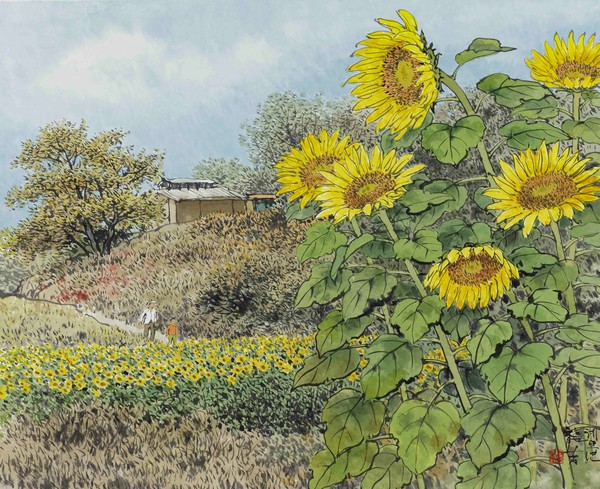 오용길  계절의 향기-해바라기  53x65cm  화선지에 먹과 채색  2023년작-7989