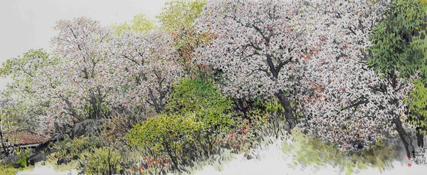 오용길  봄의기운  56x136cm  화선지에 먹과 채색  2024년작-8025