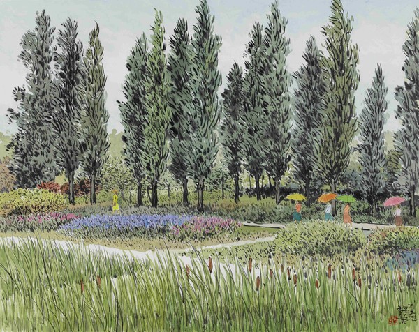 오용길  계절의 향기-포플러  58x73cm  화선지에 먹과 채색  2023년작-5644