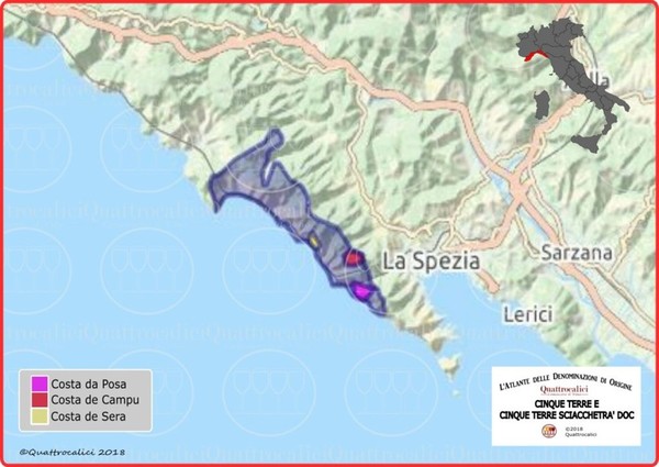 Cinque Terre wine district in the Liguria region, with three sub-zones named Costa de Posa, Costa de Campu and Costa de Sèra. Credits: www.quattrocalici.it