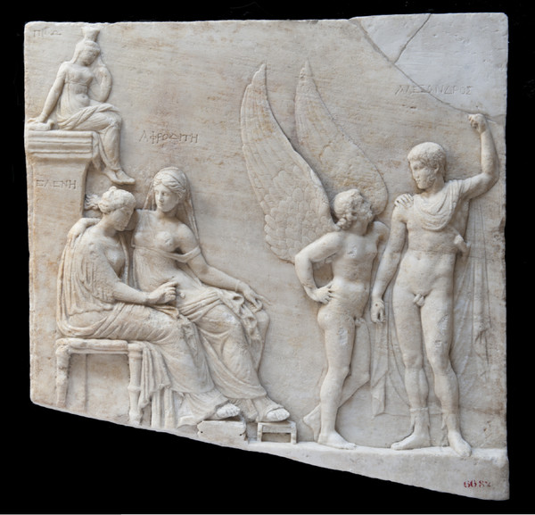 파리스, 헬레네, 아프로디테가 표현된 부조, 68 x 68 x 7cm, 대리석, 1세기 (c) MANN, 2024