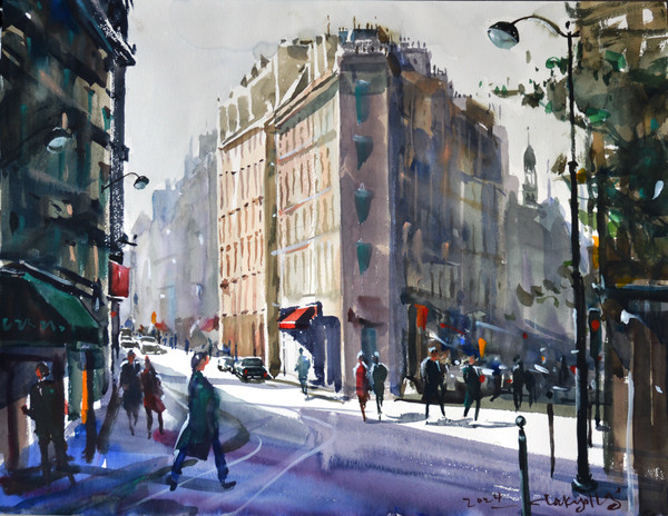 La Rue Notre-Dame-des-Victoires 2e, Paris, 61 x 45.5 cm, watercolor on paper, 2024