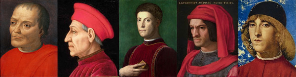 1)조반니 디 비치 데 메디치(Giovanni di Bicci de' Medici,1360년~1429년 2월 20일)2)코지모 데 메디치(Cosimo de' Medici,1389년 9월 27일~1464년 8월 1일)3) 피에로 디 코지모 데 메디치(Piero di Cosimo de' Medici, 1416년 9월 19일~1469년 12월 2일)4) 로렌초 데 메디치(Lorenzo de' Medici, 1449년 1월 1일~1492년 4월 8일)5) 피에로 디 로렌초 데 메디치(Piero di Lorenzo de' Medici, 1472~1503)