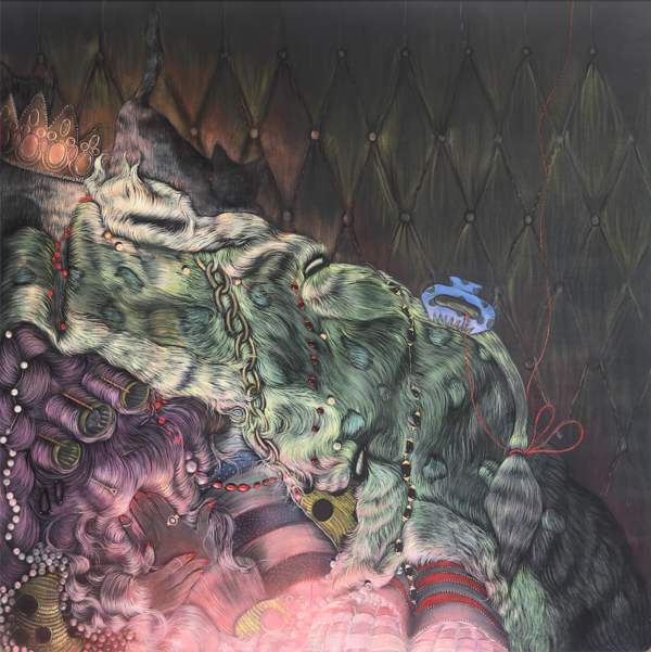 ⓒ Bea Scaccia, She loved to see herself looking youthful, 2024, acrylic and airbrush on canvas, 152.4 x 152.4 cm. 