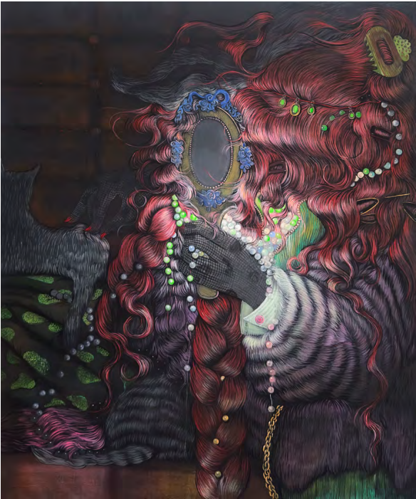 But when she drew her litle hand 2024 acrylic and airbrush on canvas 122 x 102 x 2.5 cm 48 x 40 x 1 in ⓒ Bea Scaccia