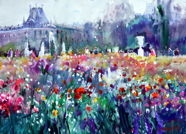 Jardin des Tuileries en mai 1e, Paris, 70 x 50 cm, watercolor on paper, 2024