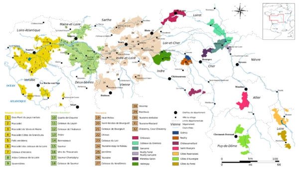 Loire Valley wine regions. The wine areas of Sancerre (dark green) and Pouilly (grey) at the top right of the map. Photo credits: CC BY-SA 4.0 www.wikipedia.org
