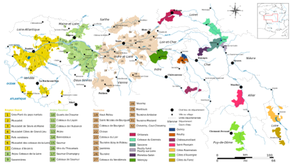 Loire Valley wine map. Touraine AOC region marked in beige around the city of Tours. Credits CC BY-SA 4.0 www.wikipedia.org