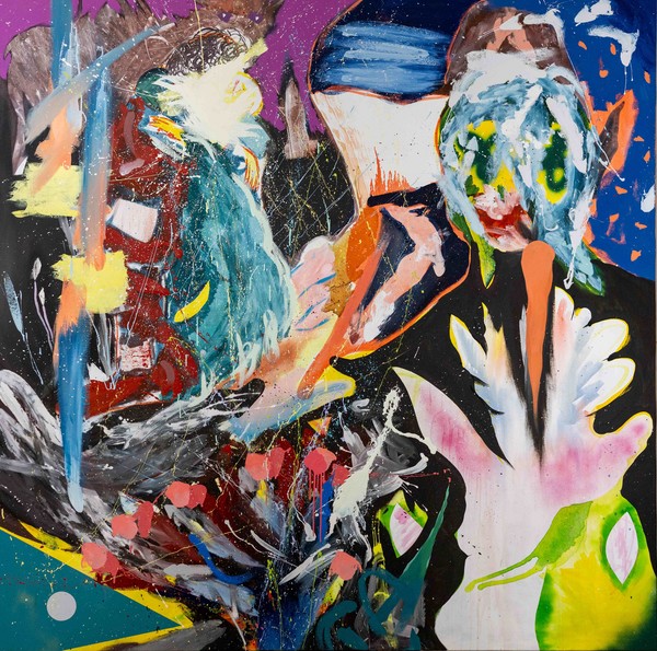 David Lehmann; Dopamin; 2023I24; watercolour, dispersion,spray paint, oil on canvas; 200x200x4,5cm