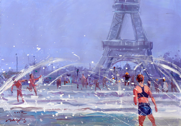 La fontaine du Trocadéro, 70 x 50 cm, acrylic color on paper, 2024