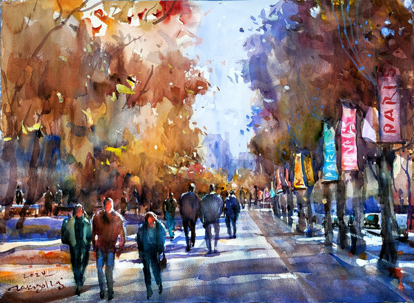 Les Tuileries et Le Louvre, 70 x 50 cm, watercolor color on paper, 2024