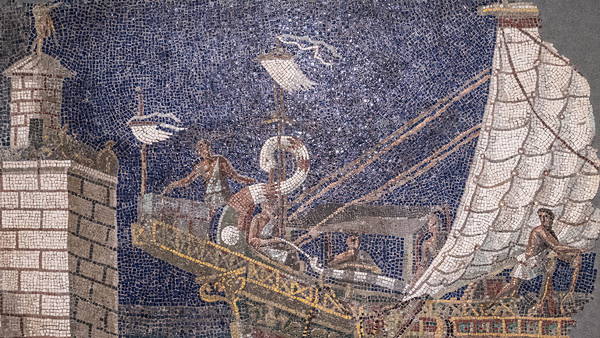 Mosaico policromo parietale con nave e faroMusei Capitolini, Roma, Italia© Sovrintendenza Capitolina ai Beni Culturali