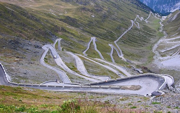 Some of the 48 hairpin turns near the top of the eastern ramp of the Stelvio Pass