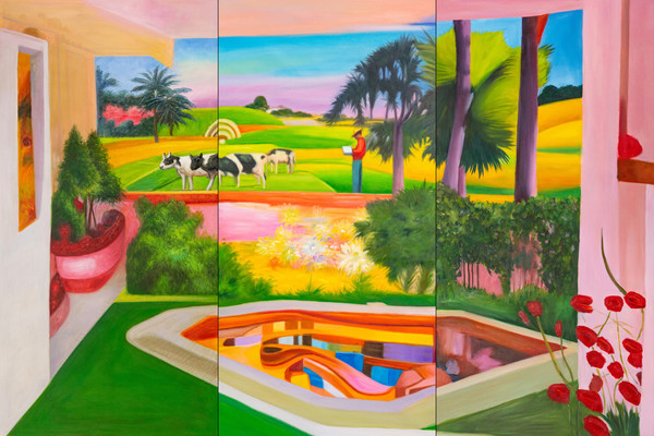 Mak2Home From Home: Cows with Built-In Wi-Fi, 2024Painting - Oil and acrylic on canvas, triptychIn 3 parts, each: 100 x 50 cm, Overall: 100 x 150 cm (Image Courtesy of PERES PROJECTS, Berlin, Seoul, and Milan)