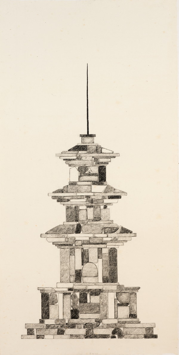 먹탑 – 감은사지 동서 삼층석탑_종이에 먹 탁본, 2024, 184×94cm