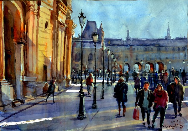Le musée du Louvre Paris, 70 x 50 cm, watercolor color on paper, 2025