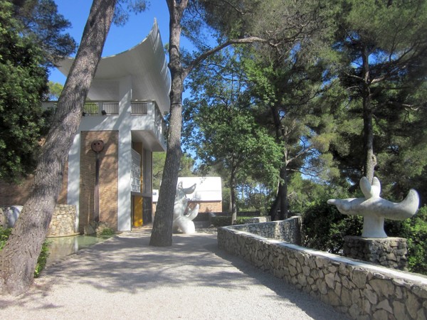 View of the sculpture garden at The Fondation Maeght in Saint-Paul de Vence, France.