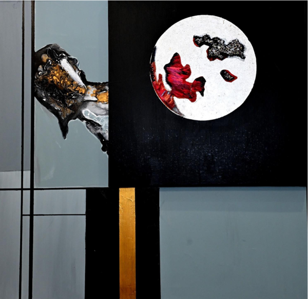 Acrylic, fabric, embroidery and metal on canvas 80x80 2024