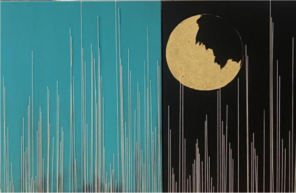 Acrylic, cotton yarn and gold leaf on canvas 55x84 2024