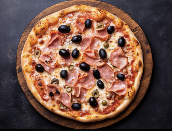 A pizza topped with ham and olives.