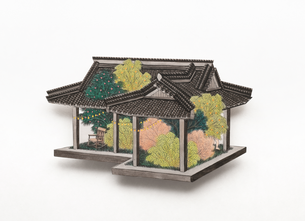 [사비나미술관] 생태의 집-한옥, 김민주, 〈문답-집〉, 2024, 장지에 먹과 채색, 26.5x45cm