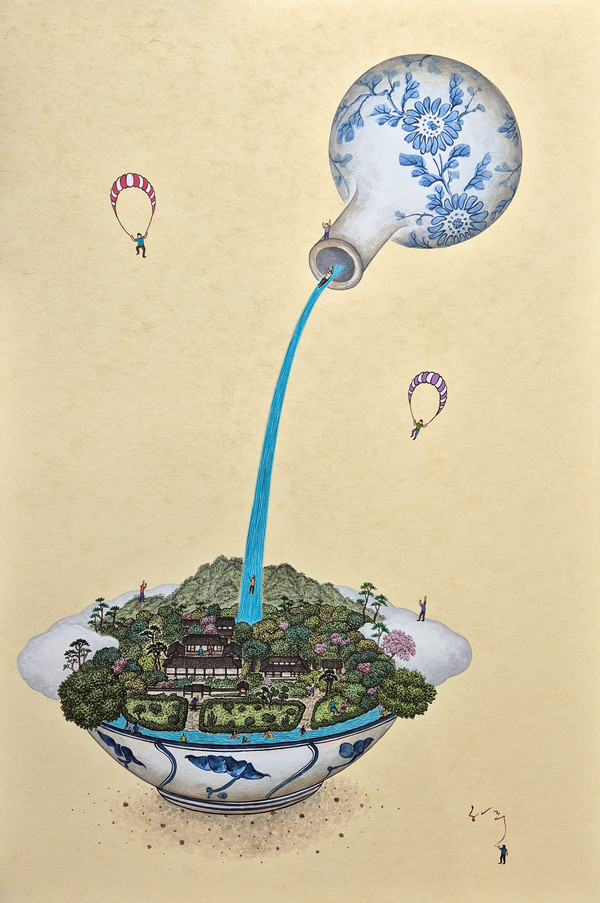 [사비나미술관] 생태의 집-한옥, 하루K, 〈짜~안(병산서원, 안동소주)〉, 2025, 한지에 먹, 아크릴과슈, 117x91cm