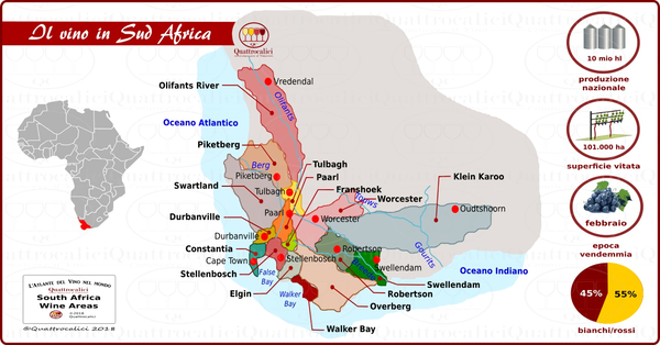 Among South Africa’s wine regions, Constantia is marked green near Cape Town. Credits www.quattrocalici.it