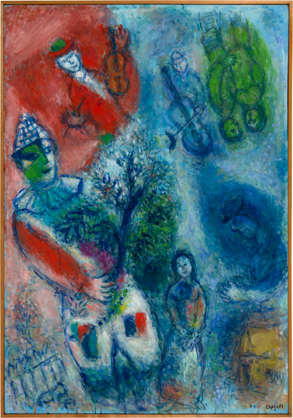 Marc Chagall, Le clown au buisson, 1975, Oil on canvas. © Chagall ®, by SIAE 2025.