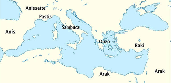 Aniseed alcoholic beverages in the Mediterranean. Credits: CC BY-SA 4.0 www.wikipedia.org