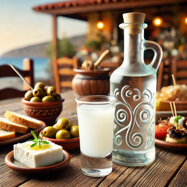 Ouzo, feta cheese, bread and olives by the sea. Credits: www.ristotavernagreca.it