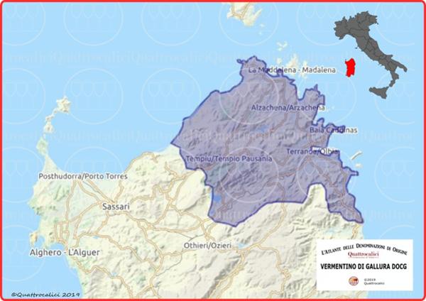Gallura, the northeastern part of Sardinia marked in grey, the production area of Vermentino di Gallura DOCG. Credits: www.quattrocalici.it