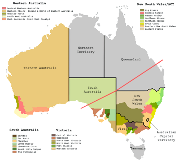 Australian wine zones and regions: Barossa Valley is the little brown spot at the bottom of the state of South Australia. Credits: CC BY-SA 3.0 www.wikipedia.org