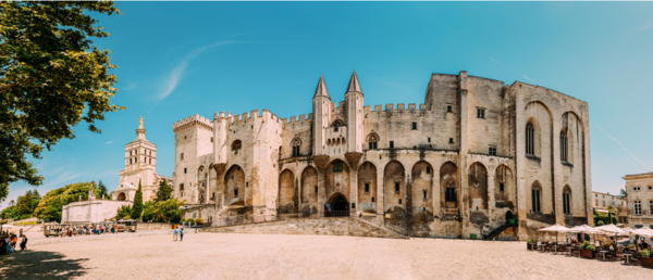 Saint-Benezet, Avignon, Provence, France. Panorama of Ancient Popes Palace, Saint-Benezet, Avignon, Provence, France. Famous landmark.  Photo by Great Brut Here