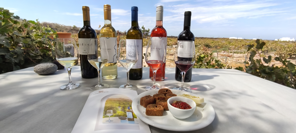 ​A glass of white wine from Assyrtiko grapes with the astonishing view of Santorini. Credits: www.identitagolose.it​