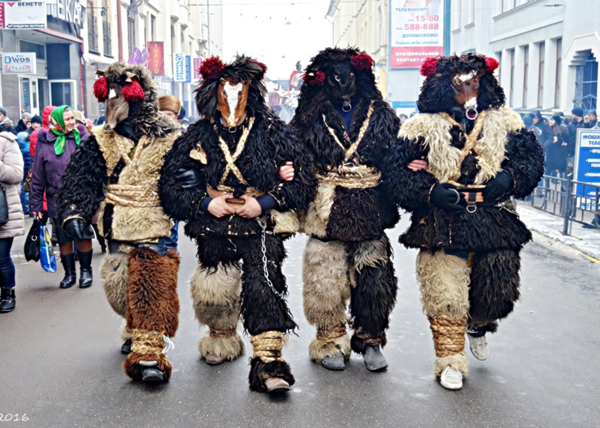가면과 털옷 복장을 한 말란카 행렬