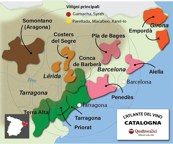 Map of Catalonia: Priorat region is marked in green, approximately 140 kilometers southeast of Barcelona. Credits: www.quattrocalici.it
