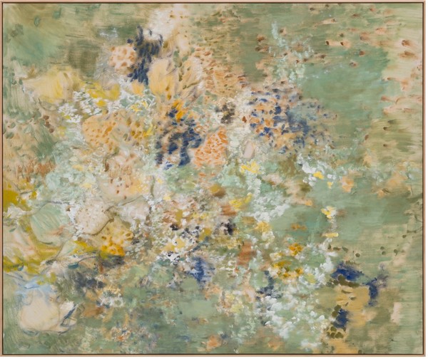 Ted Gahl, Rocks with Lichen, 2025, Acrylic, graphite, chalk, colored pencil on canvas, 134.6 x 162.6 cm